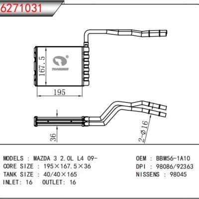 FOR  MAZDA 3 2.0L L4 09- HEATER